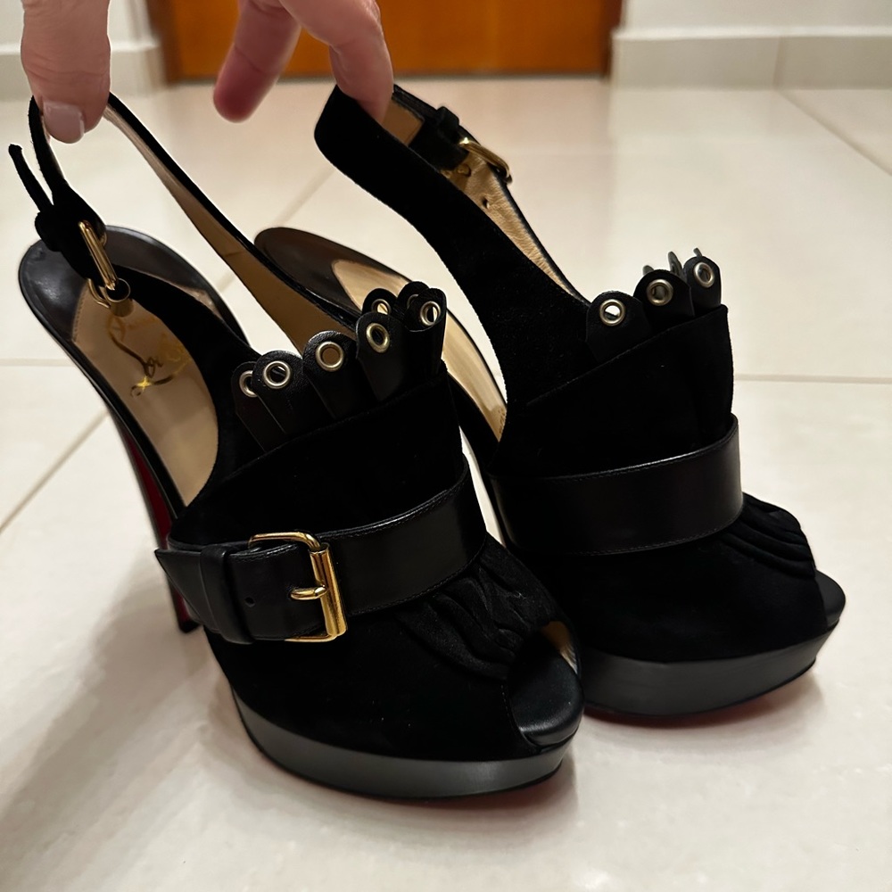 Christian Louboutin sky high black suede sling backs
